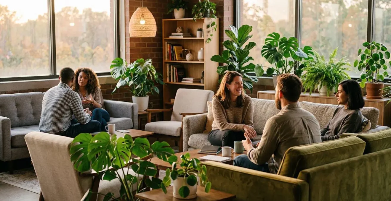Professionnels discutant de manière informelle dans un espace de pause avec canapés modernes et plantes vertes, vus de dos