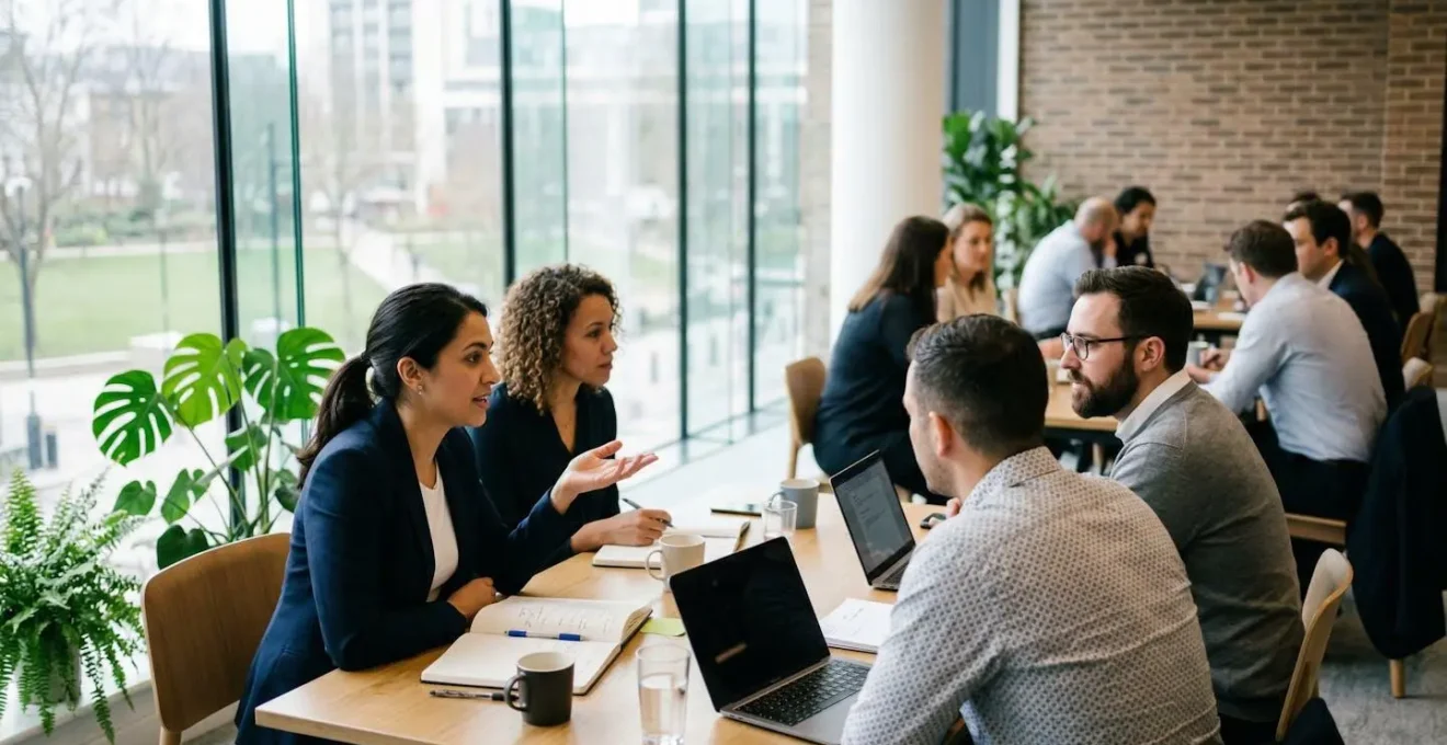 Groupe de professionnels en formation dans une salle lumineuse avec tables disposées en îlots, certains participants discutent de profil