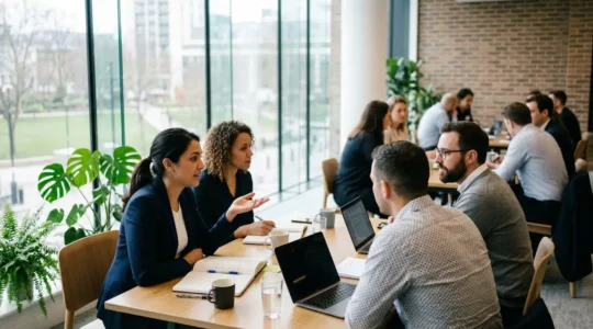 Groupe de professionnels en formation dans une salle lumineuse avec tables disposées en îlots, certains participants discutent de profil