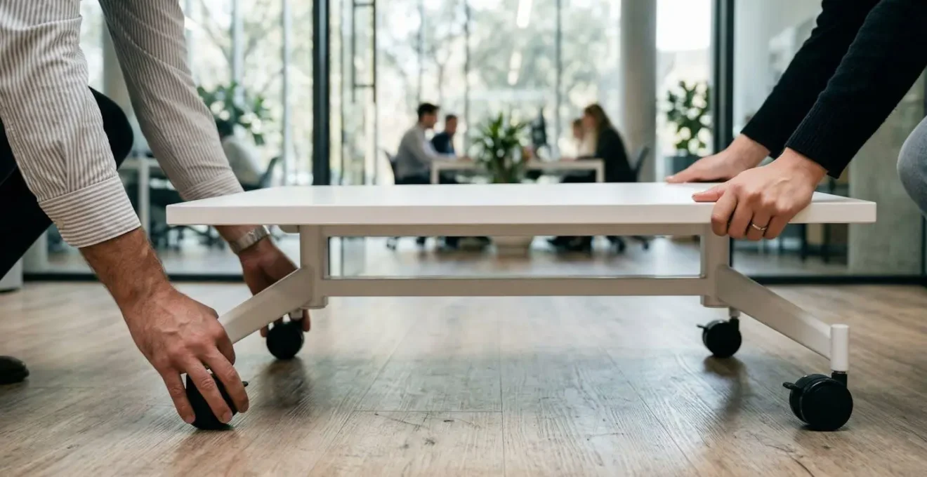 Mains déplaçant une table sur roulettes dans un espace lumineux, arrière-plan flouté montrant d'autres tables empilables