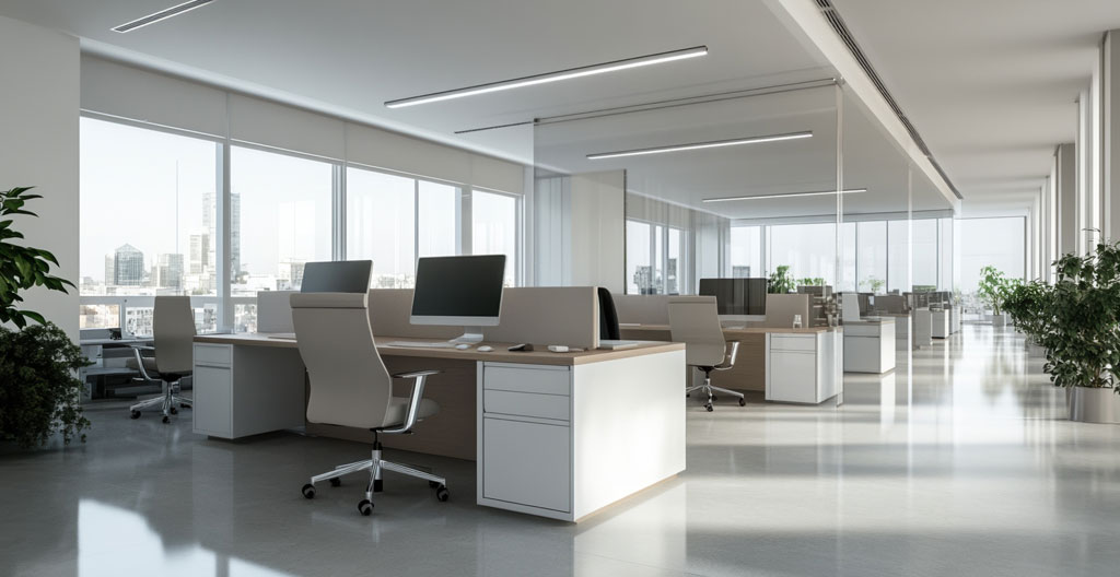 Mains déplaçant une table sur roulettes dans un espace lumineux, arrière-plan flouté montrant d'autres tables empilables