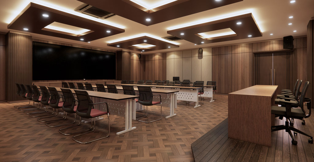 Mains déplaçant une table sur roulettes dans un espace lumineux, arrière-plan flouté montrant d'autres tables empilables