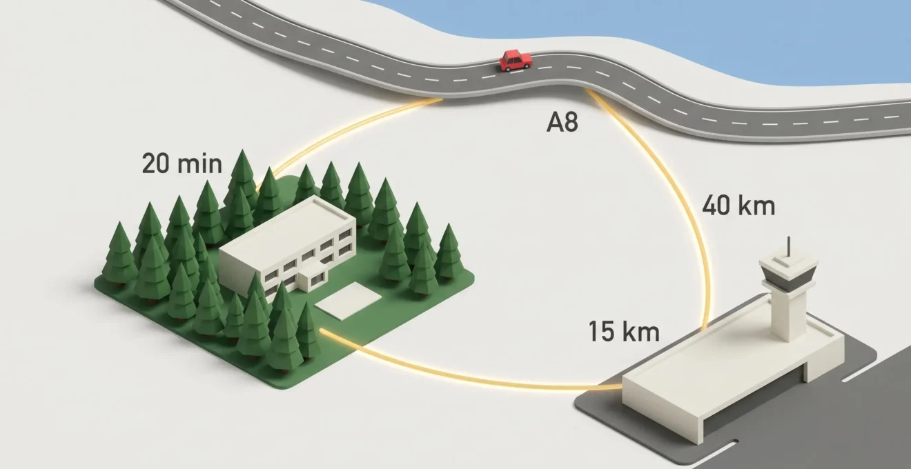 Carte isométrique 3D stylisée montrant les connexions entre aéroport de Nice, autoroute A8 et resort, avec distances et durées de trajet annotées en français