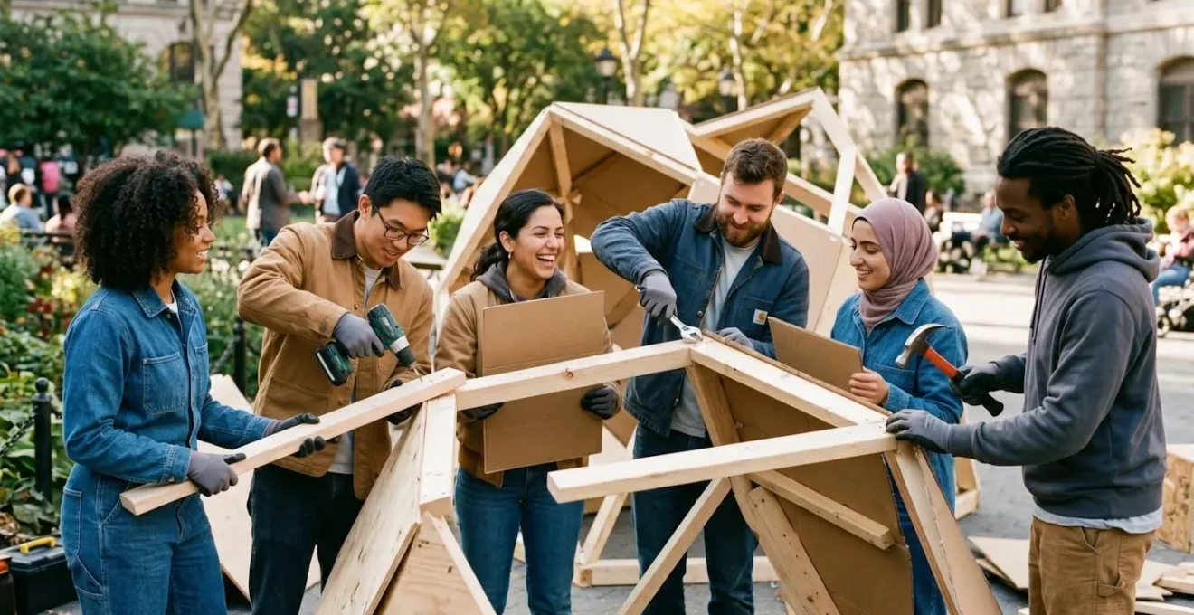 Équipe de collaborateurs construisant ensemble un objet lors d'un défi outdoor de team building