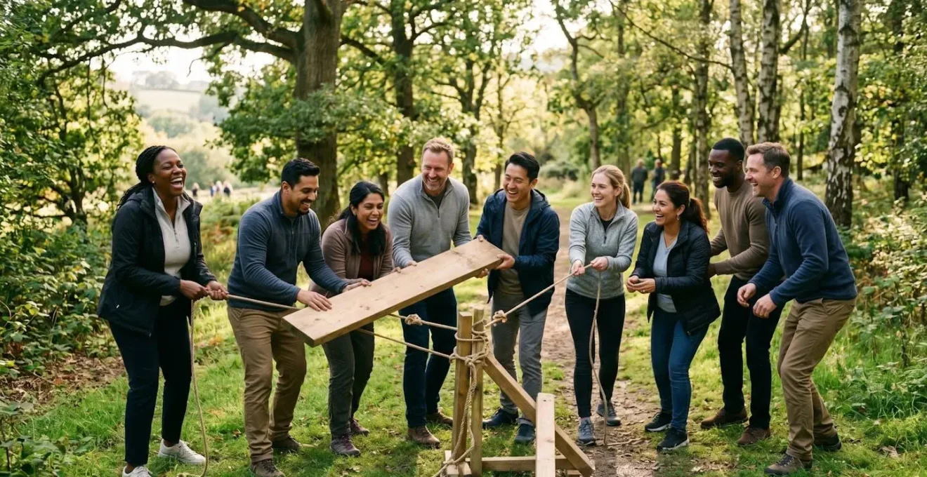 Groupe de collaborateurs engagés dans une activité outdoor créative lors d'un team building d'entreprise
